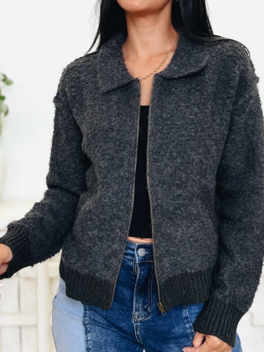 Mystree Charcoal Zip-Front Knit Bomber Jacket